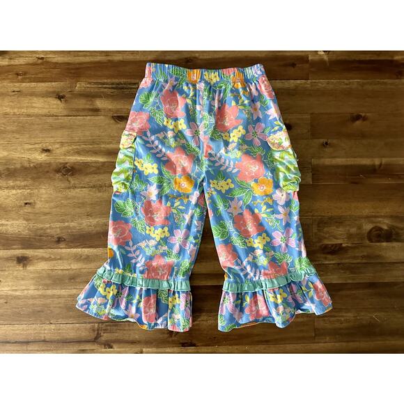 Wildflowers Best Day Ever Spring Fling Ruffle Blue Green Pink Floral Capri Pants - Picture 7 of 8